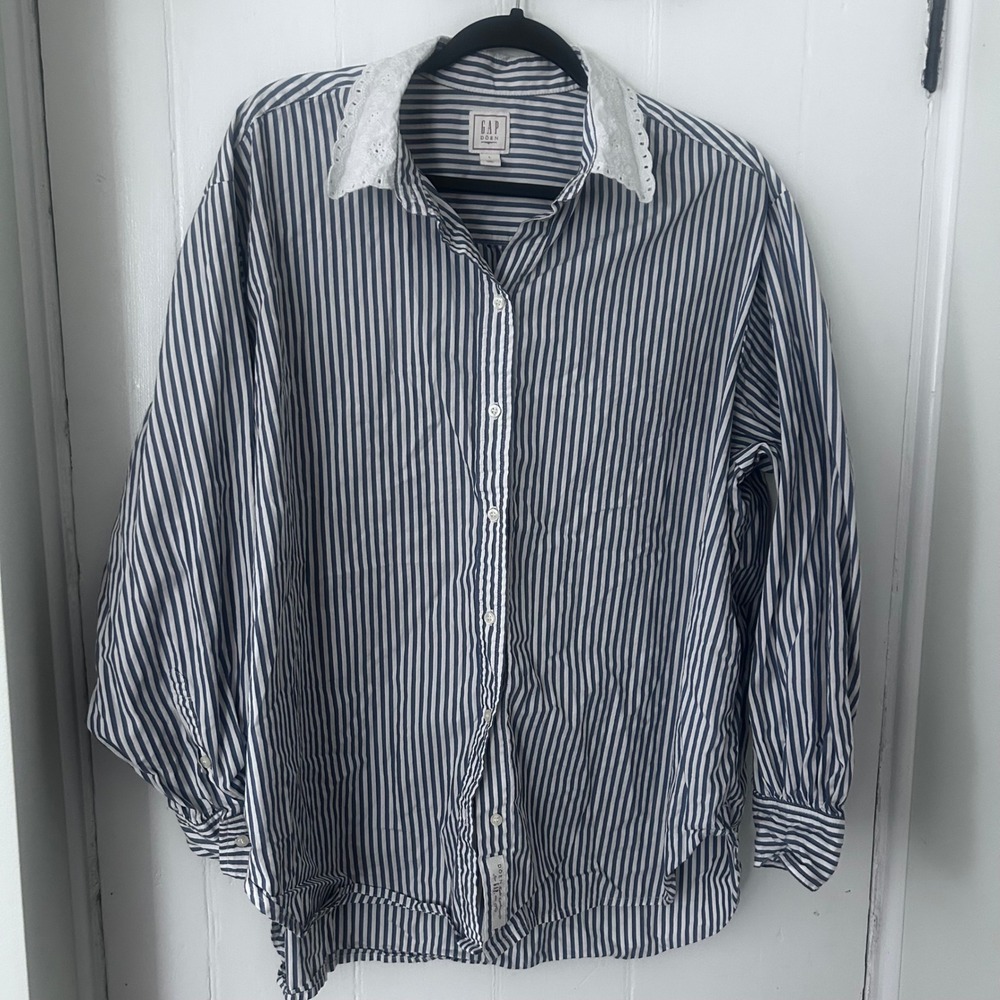 Gap x Doen Big Blue Stripe Eyelet Collar Cotton Button Down Shirt L coastal prep